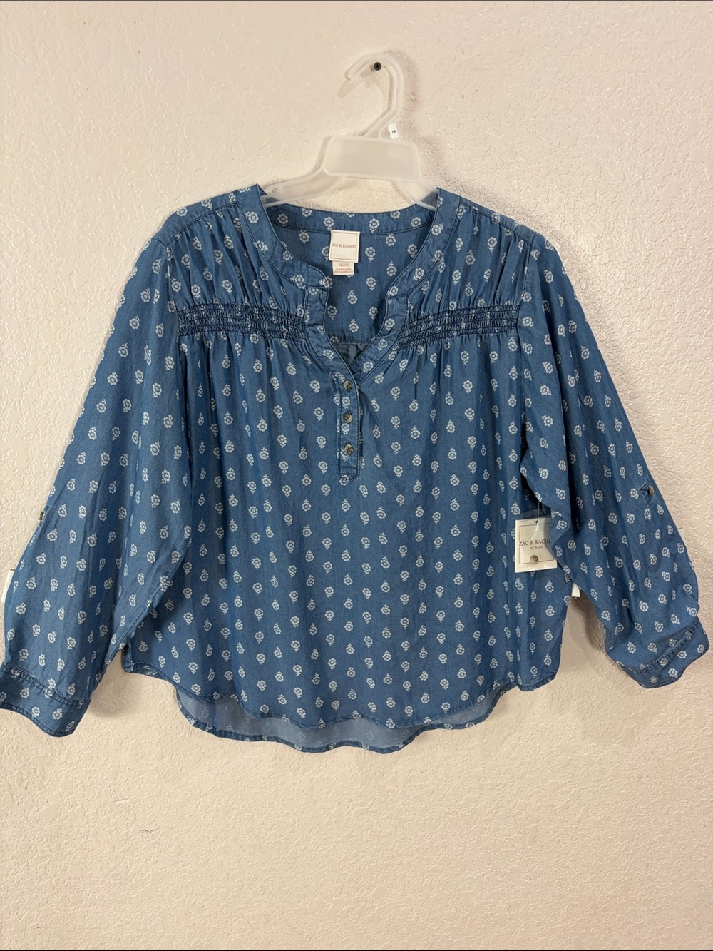 Zac & Rachel ,Size 1X,Blue Printed Peasant Blouse with Henley Neck - Women's